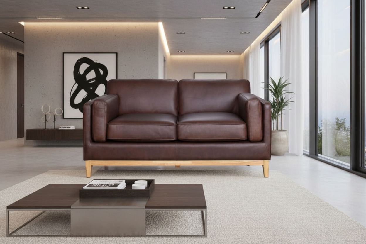 Marquis 2-Seater Oslo Leather Sofa in Mink - Chocolate Wood