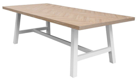 Whitewashed oak top dining table with white painted base, 190cm length, from MyChocolateWood's Ondina Parquetry collection.