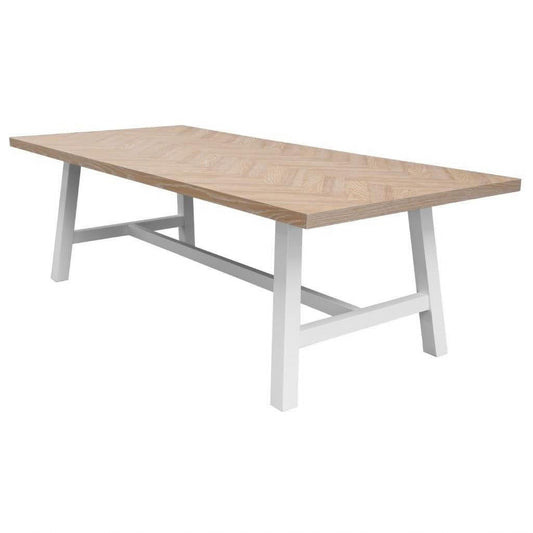 Whitewashed oak top dining table with white painted base, 190cm length, from MyChocolateWood's Ondina Parquetry collection.