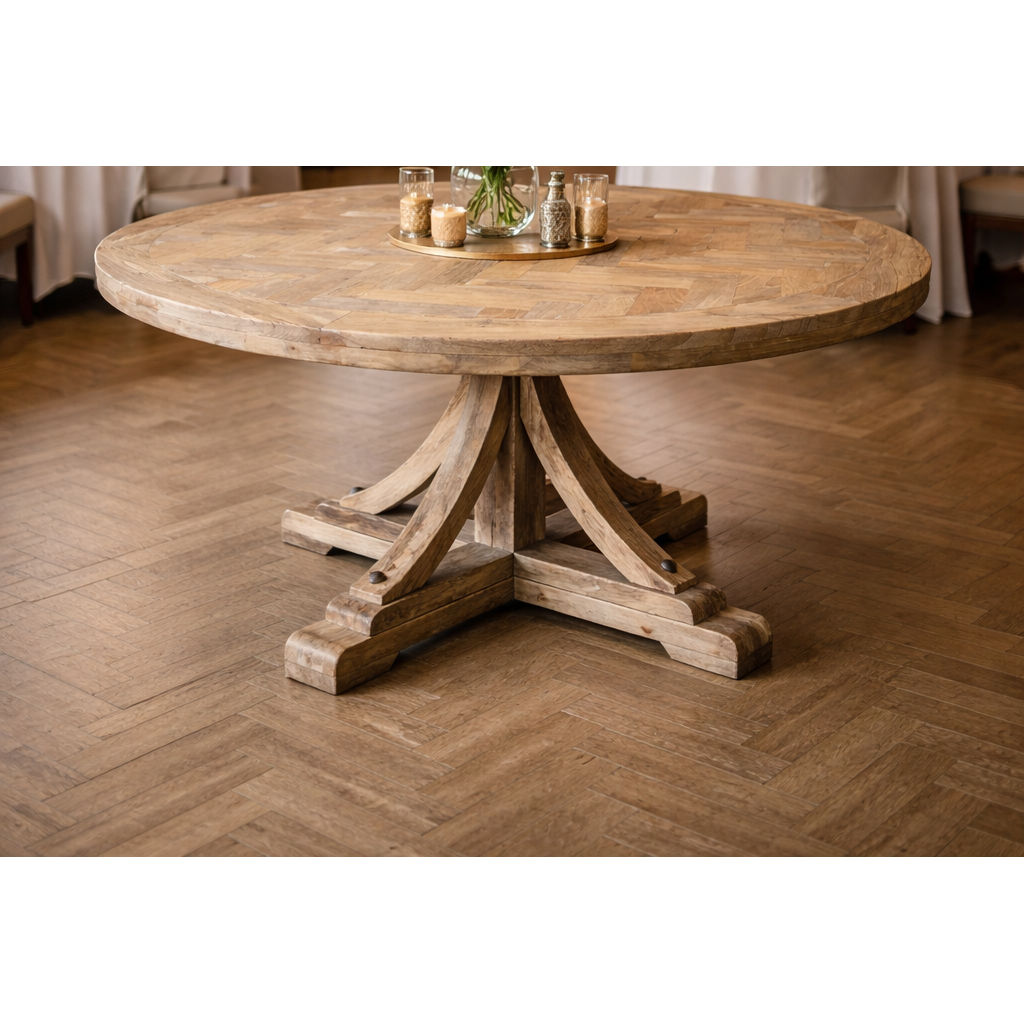 GIBRALTAR HAMPTON STYLE ROUND DINING TABLE NATURAL PARQUETRY TOP/WHITE BASE 150CM DIA. - MyChocolateWood