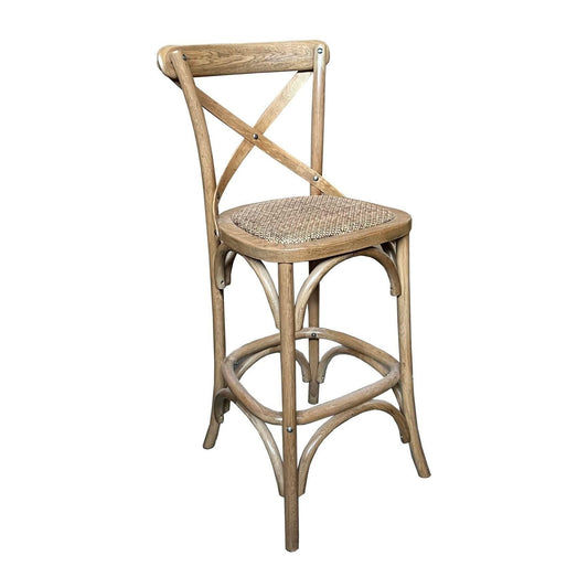 EMERSON NATURAL CROSS BACK BAR STOOL WITH RATTAN SEAT - 65CM SEAT HEIGHT