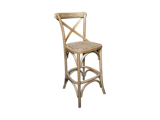 EMERSON NATURAL CROSS BACK BAR STOOL WITH RATTAN SEAT - 65CM SEAT HEIGHT - MyChocolateWood