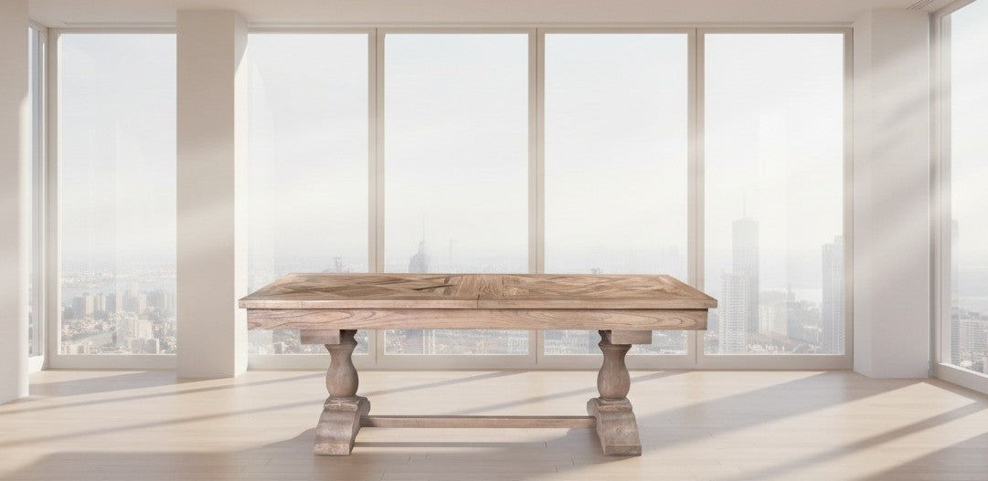 HARLOW PARQUET RECLAIMED ELM DOUBLE EXTENSION DINING TABLE WITH PEDESTAL BASE 210/260/310CM NATURAL ELM - MyChocolateWood