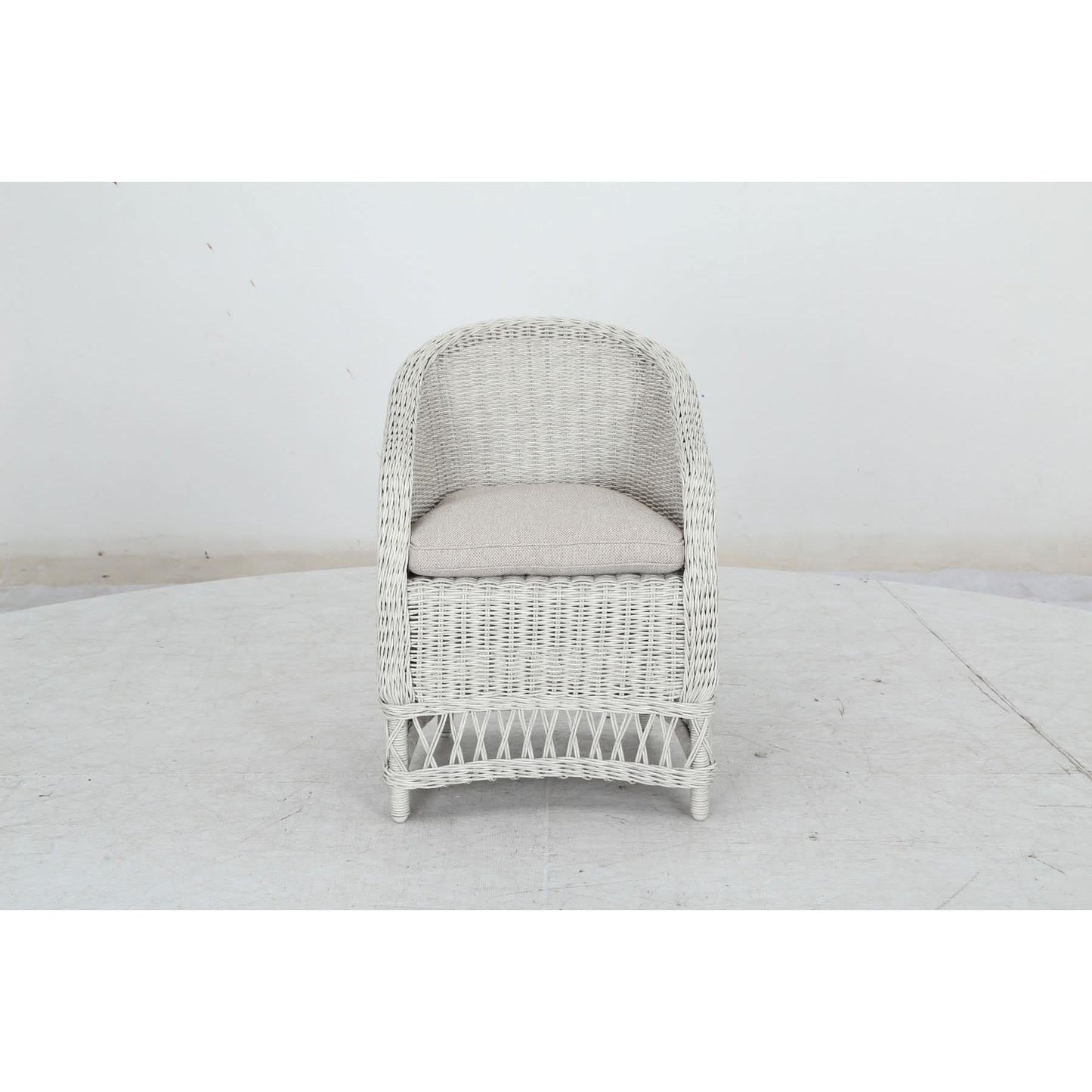 Danara Outdoor Rattan Dining Chair in White Faded Grey - Chocolate Wood
