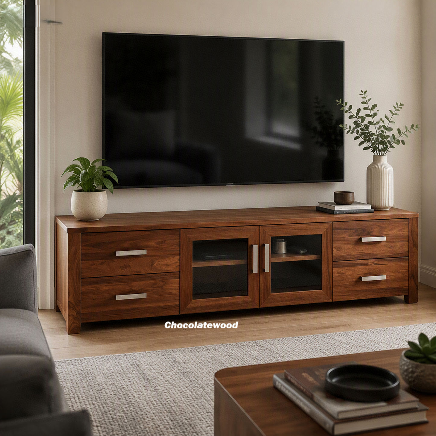 Oliver Tasmanian Blackwood 2-Glass-Door 4-Drawer TV / Entertainment Unit — Australian Custom Made