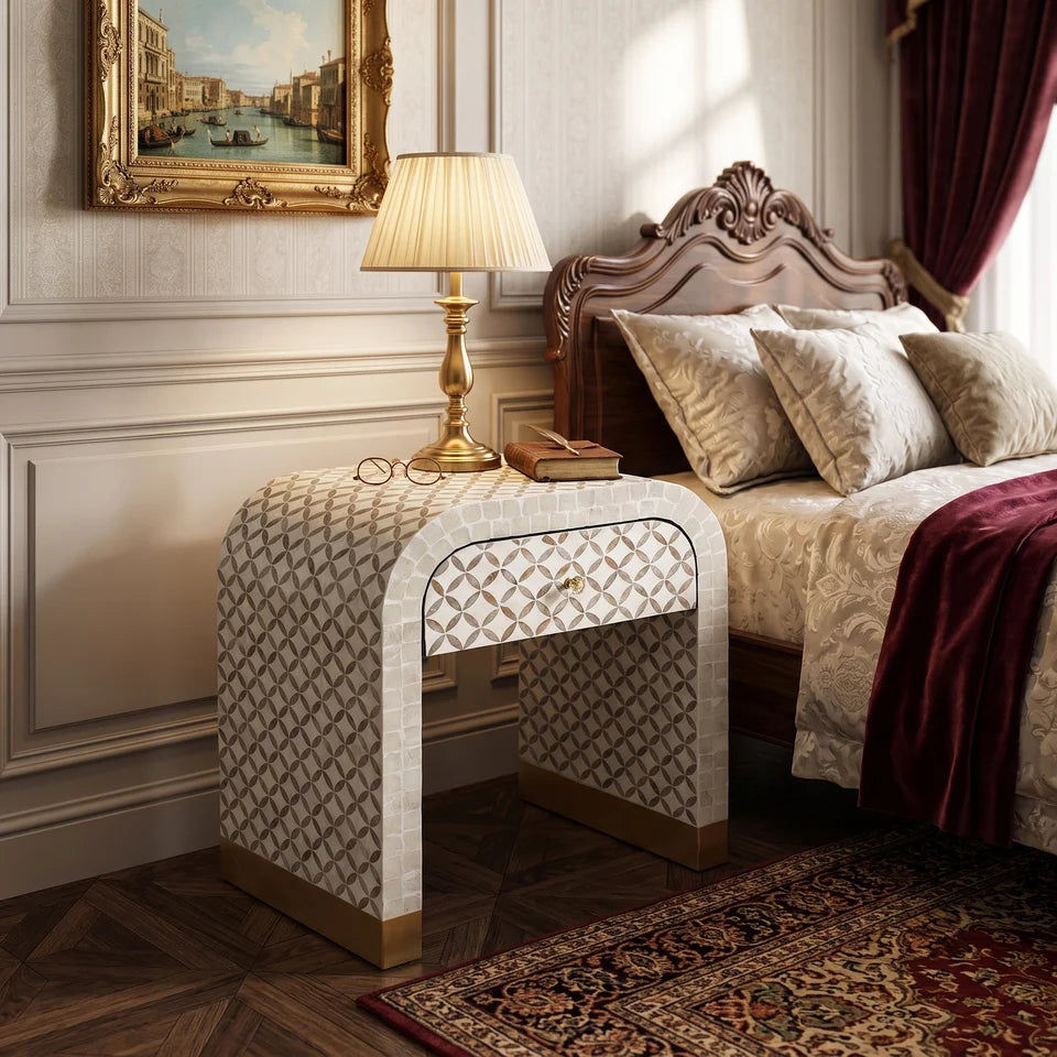 Kenora 1-Drawer Mother of Pearl Hand Inlay Bedside Table