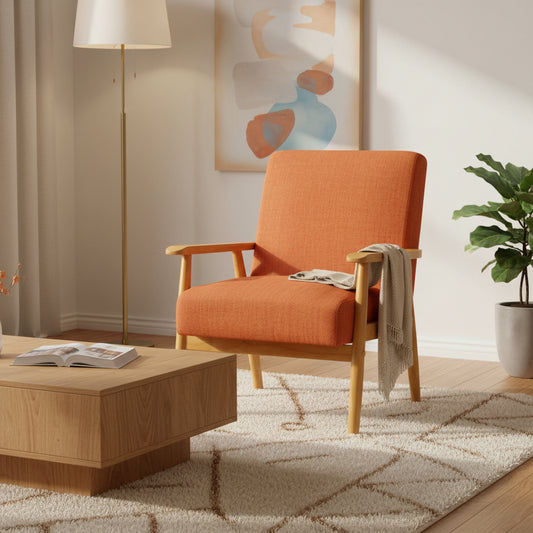 NESTA ARMCHAIR  ACCENT CHAIR - LIGHT BROWN RUBBERWOOD FRAME/ORANGE FABRIC - MyChocolateWood