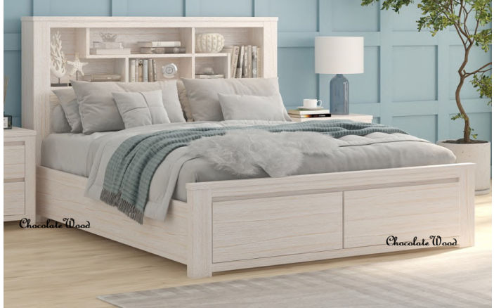 OASIS KING BED WITH WOODEN BOOKCASE & 2 END STORAGE DRAWERS WHITE