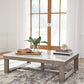 Herrington Oak Coffee Table in Greyish-Brown Wood Tone with Natural Marble Table Top