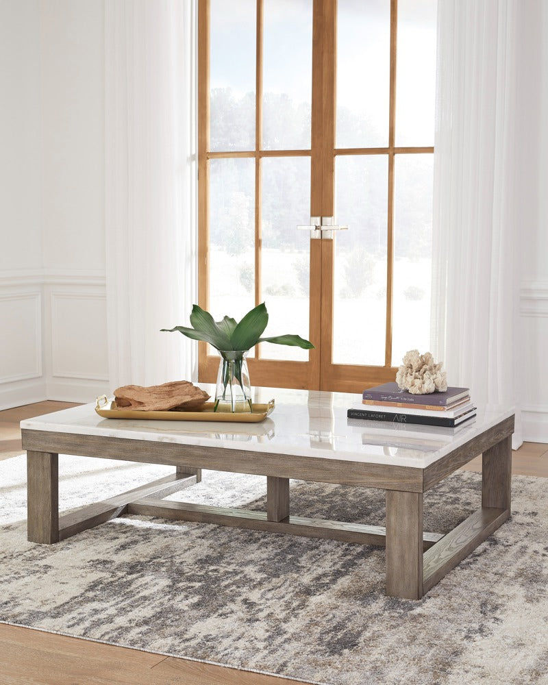 Herrington Oak Coffee Table in Greyish-Brown Wood Tone with Natural Marble Table Top