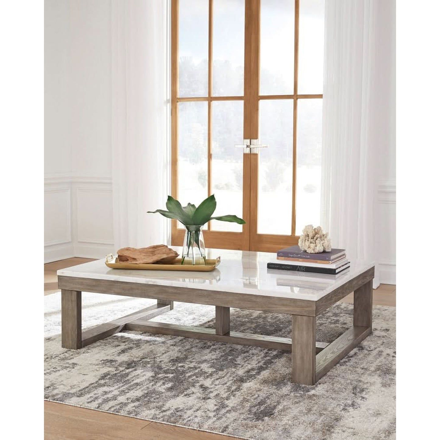 Herrington Oak Coffee Table in Greyish-Brown Wood Tone with Natural Marble Table Top