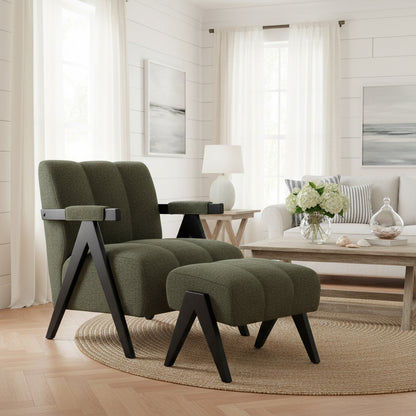 PELLERIN FABRIC ARMCHAIR & MATCHING STOOL DARK GREEN - MyChocolateWood