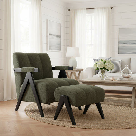 PELLERIN FABRIC ARMCHAIR & MATCHING STOOL DARK GREEN - MyChocolateWood