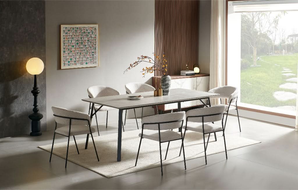 ELEKTRA 7 PIECE RECTANGULAR DINING SET: 1 MARBLE LOOK DINING TABLE 200CM & 6 BEIGE ELEKTRA DINING CHAIRS - MyChocolateWood