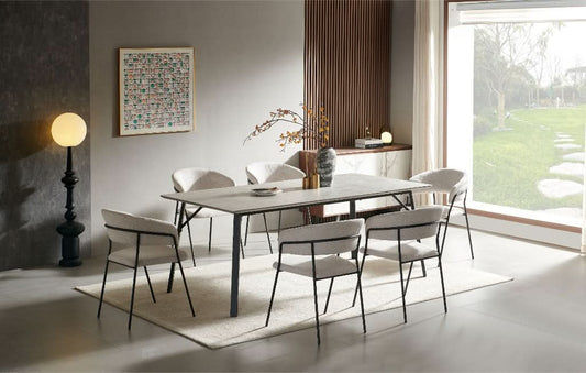 ELEKTRA 7 PIECE RECTANGULAR DINING SET: 1 MARBLE LOOK DINING TABLE 200CM & 6 BEIGE ELEKTRA DINING CHAIRS - MyChocolateWood