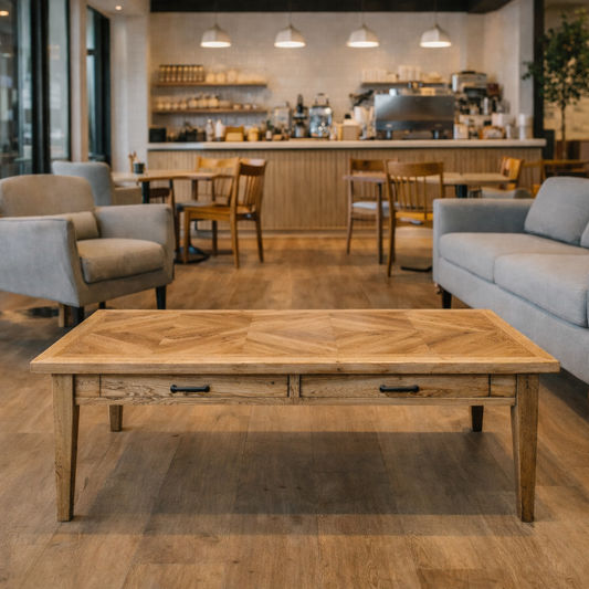 DUTCHY FRENCH PROVINCIAL STYLE 2 DRAWER COFFEE TABLE WITH PARQUETRY PATTERN 140 CMS