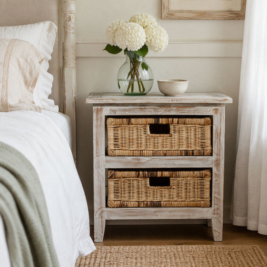 Cove Mahogany Whitewash 2-Drawer Bedside Table/Chest of Drawers with 2 Rattan Baskets