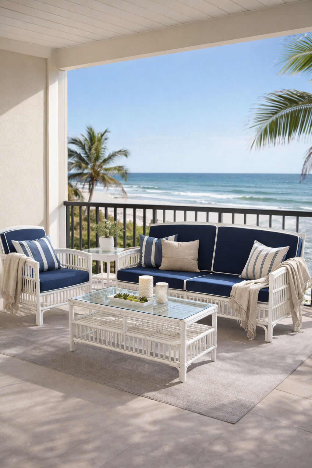 Shipton Hamptons Rattan Armchair in White with Navy Cushion