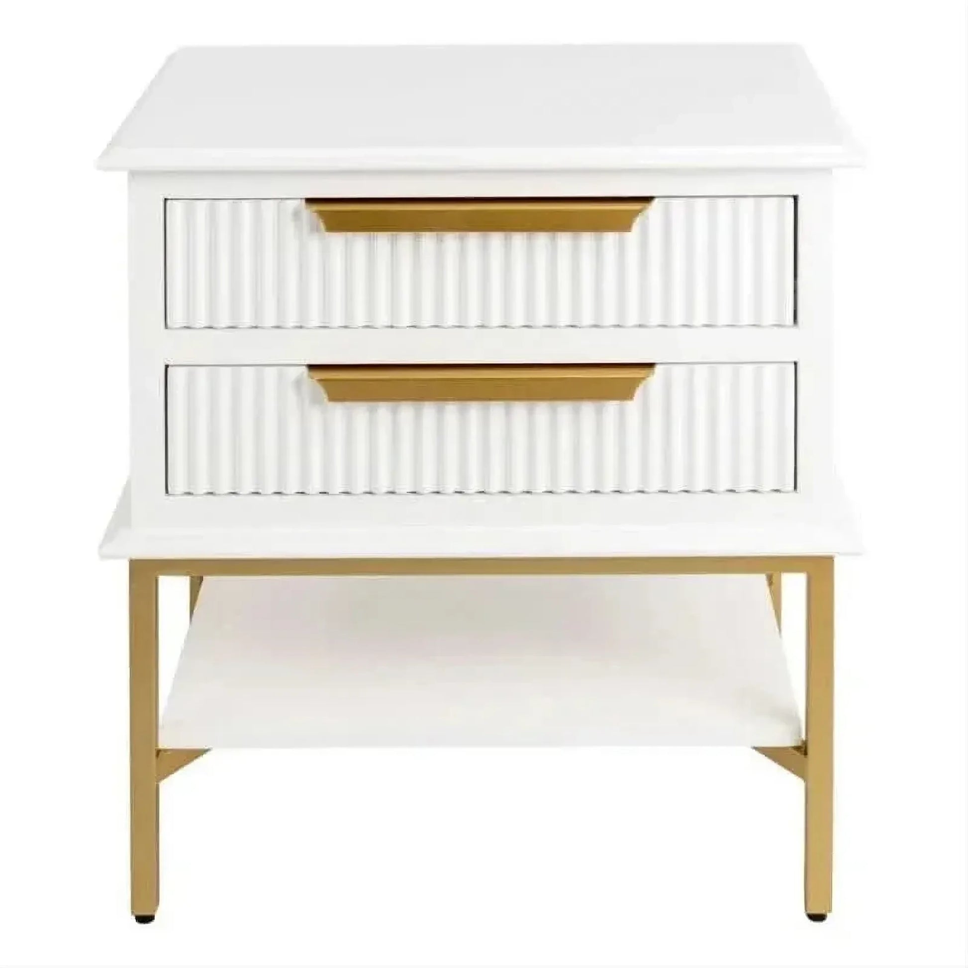 Moretti 2-Drawer Bedside Table Small in Satin White & Gold - Chocolate Wood