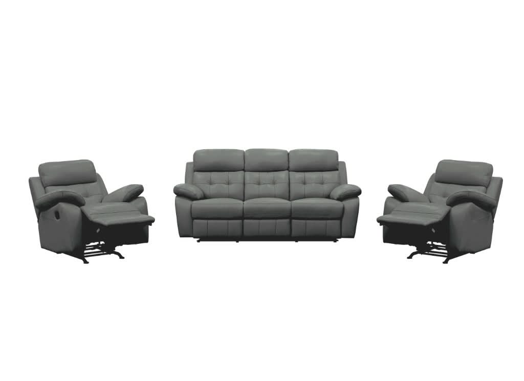 Grey Stellar 3-piece manual leather recliner set with a 3-seater and two single recliners by MyChocolateWood, shown in the image.