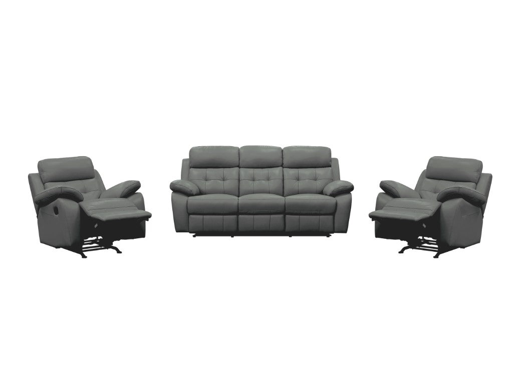 Grey Stellar 3-piece manual leather recliner set with a 3-seater and two single recliners by MyChocolateWood, shown in the image.