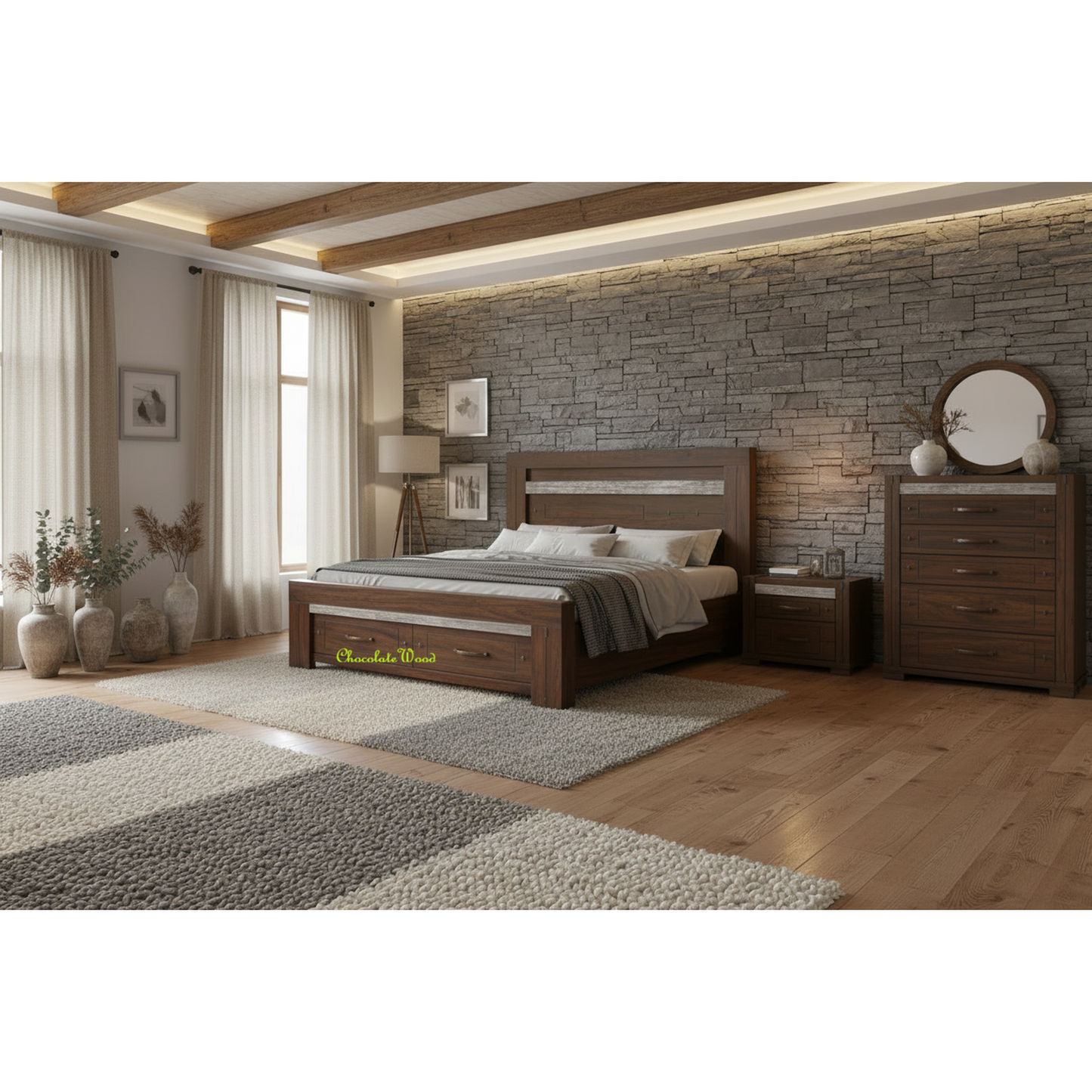 Heritage Malaysian Hardwood Bed in Charcoal Grey - shown with the matching Heritage bedroom suite, sold separately - Chocolate Wood