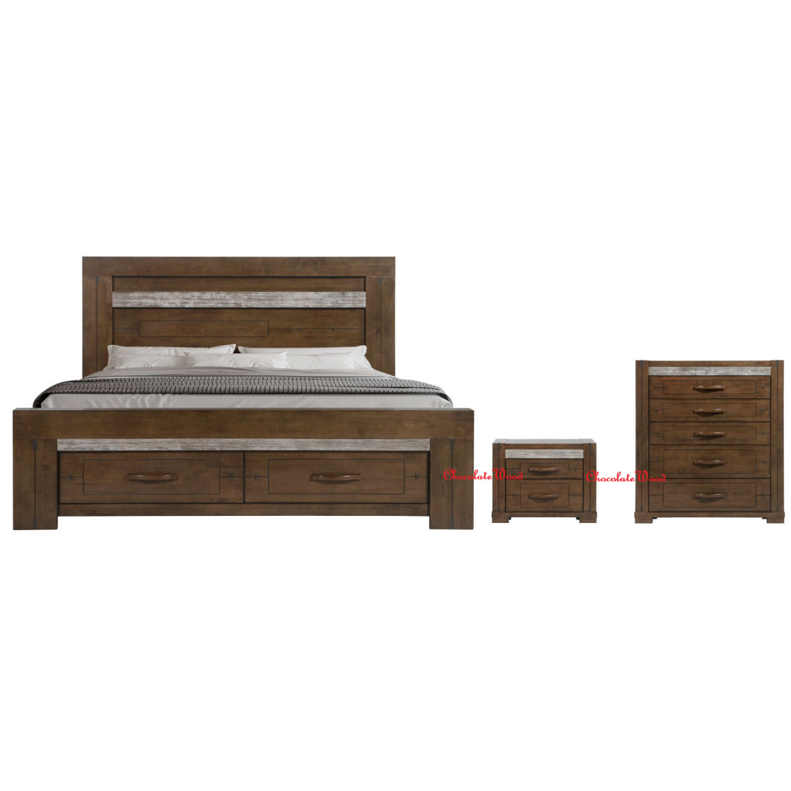 Heritage Malaysian Hardwood Bed in Charcoal Grey - shown with the matching Heritage bedroom suite, sold separately - Chocolate Wood
