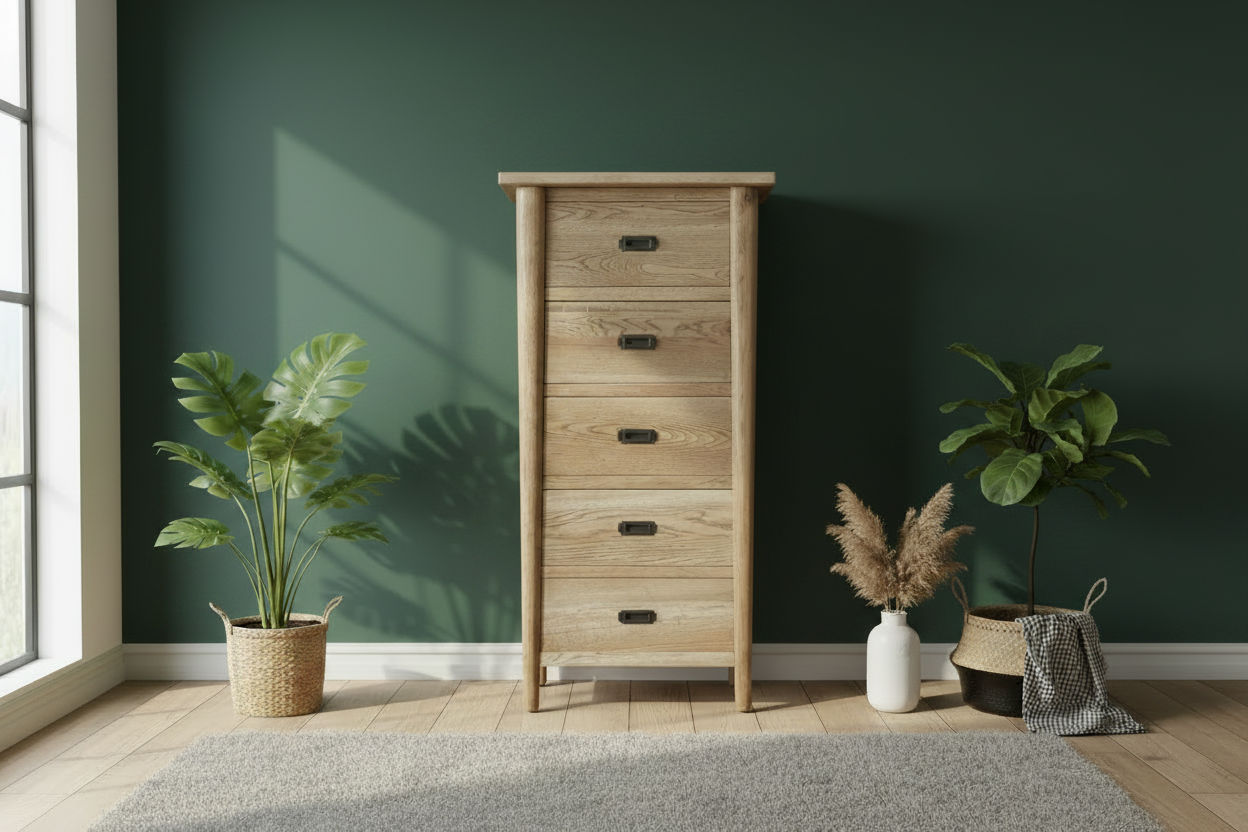 FITAN SOLID OAK 5-DRAWER NARROW TALLBOY 5 DRAWERS NATURAL - MyChocolateWood