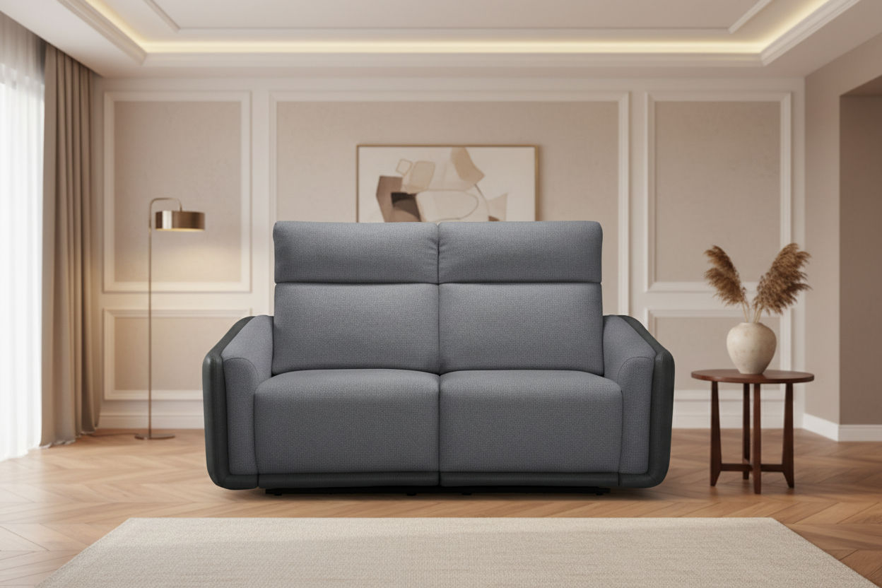 LUND FABRIC 2-SEATER SINGLE POWER ELECTRIC RECLINER SOFA TWO TONE GREY - MyChocolateWood