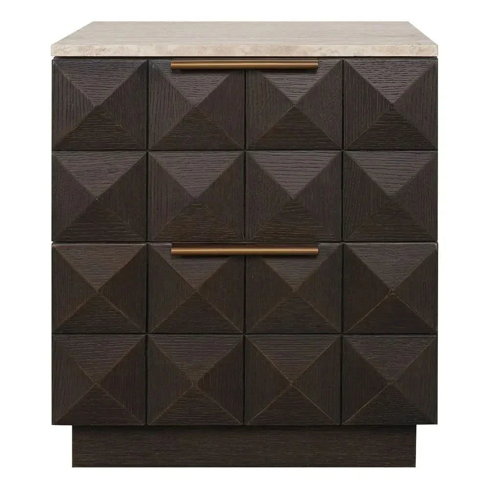 Hampshire 2-Drawer Bedside Table in Smoked Oak with Travertine Top - Chocolate Wood