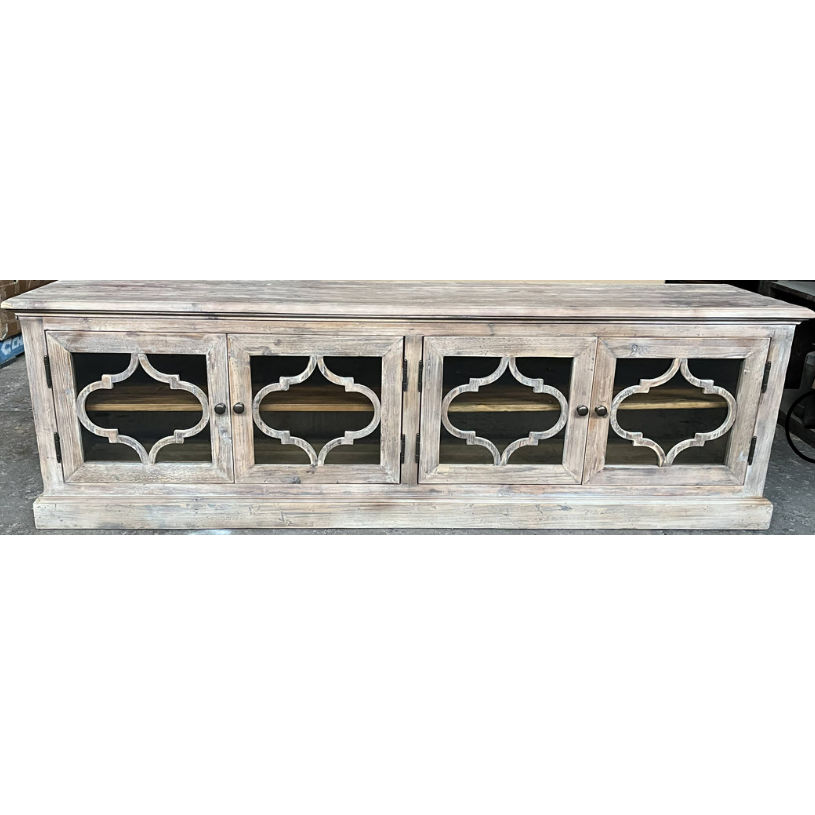REINA GREYWASHED RECYCLED TIMBER/GLASS 4-DOOR ETU TELEVISION UNIT - MyChocolateWood