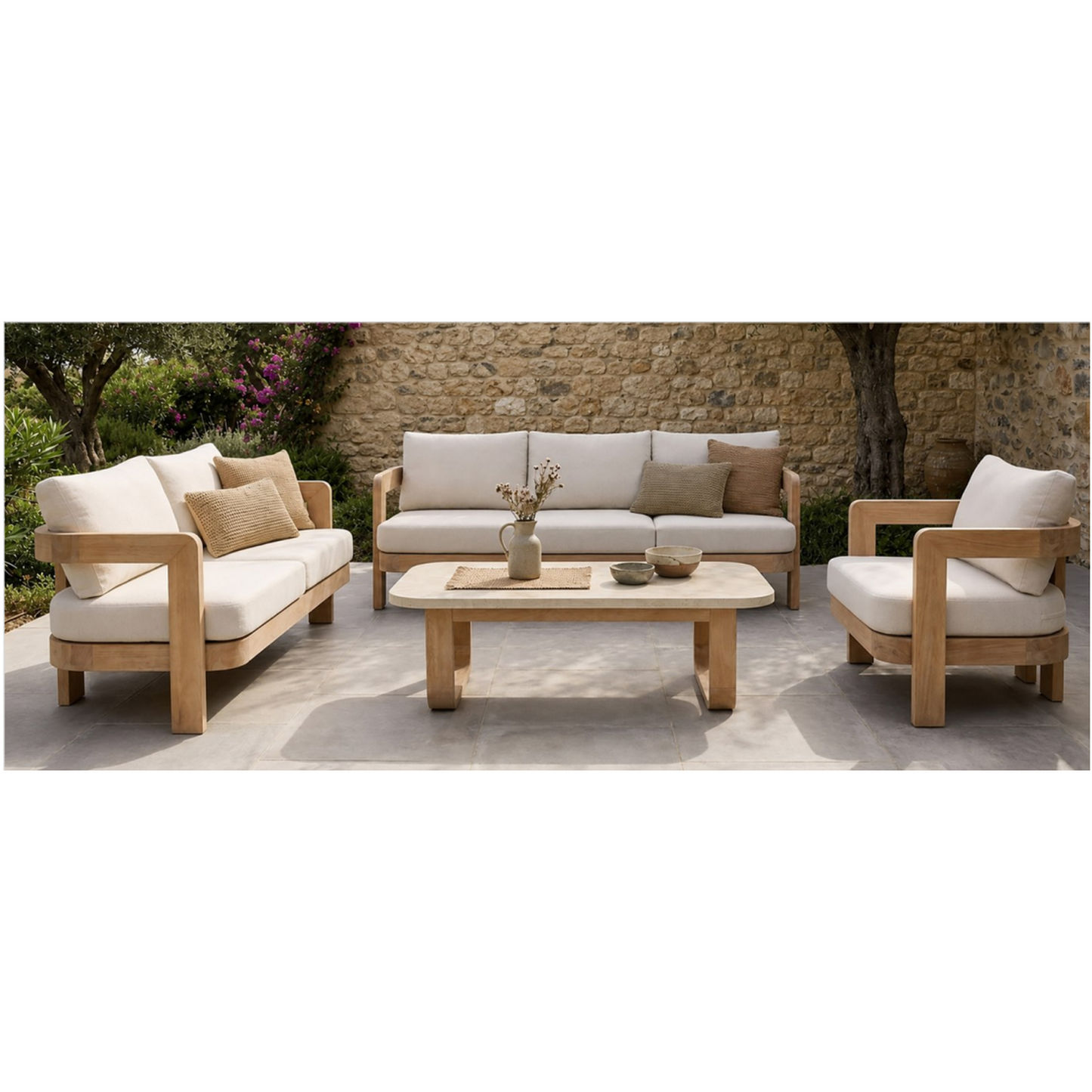Verona Eucalyptus Timber 3-Seater Outdoor Sofa in Cream / Light Smoke