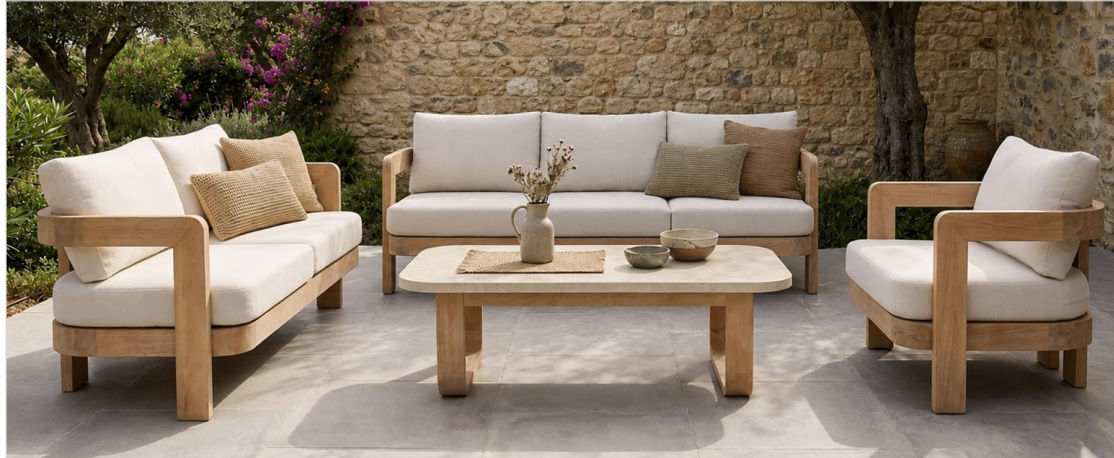 VERONA EUCALYPTUS TIMBER 3-SEATER OUTDOOR SOFA CREAM/LIGHT SMOKE