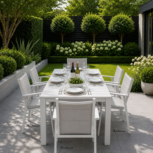 Finnigan 7 Piece Outdoor Aluminium Dining Set in White/Grey