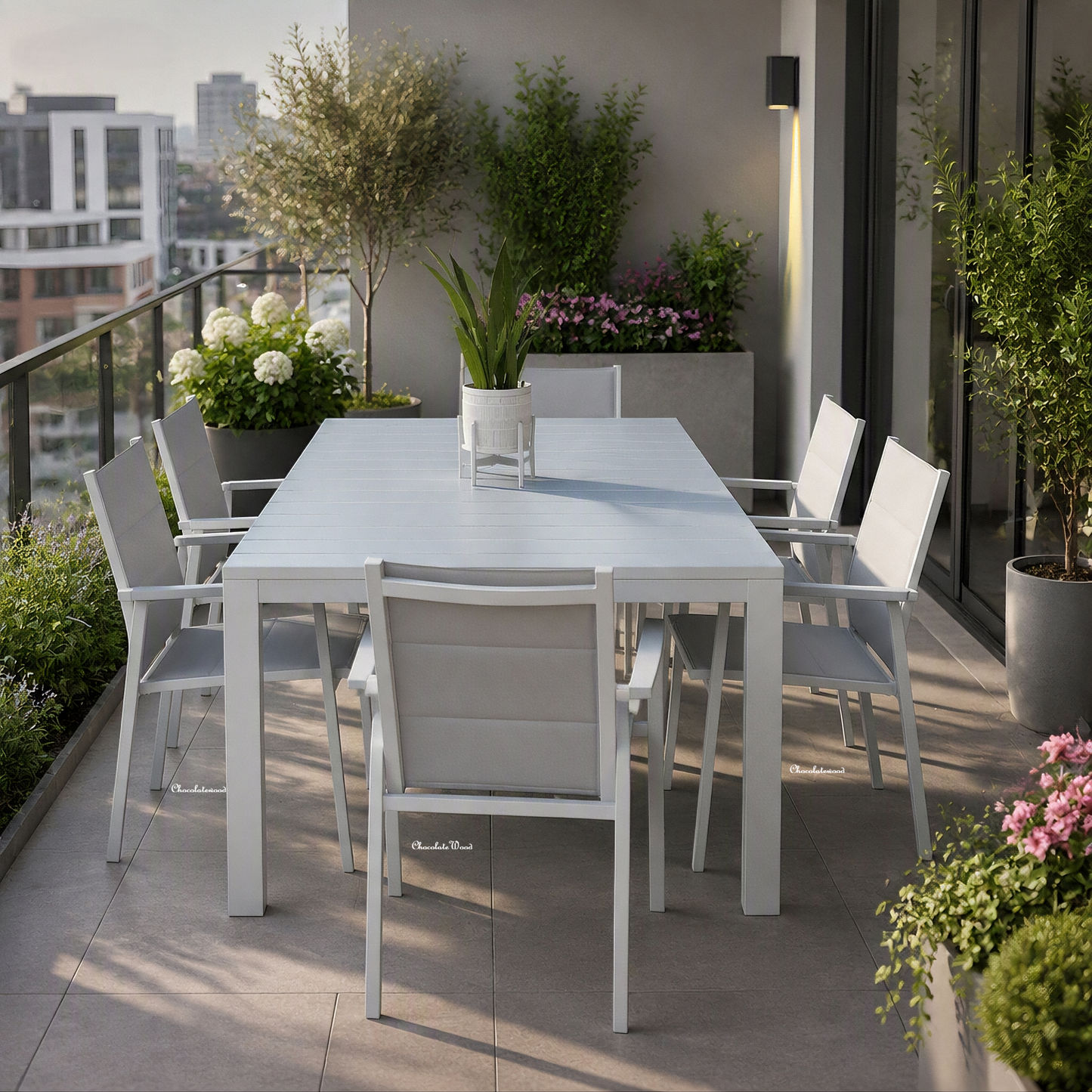 Finnigan 7 Piece Outdoor Aluminium Dining Set in White/Grey