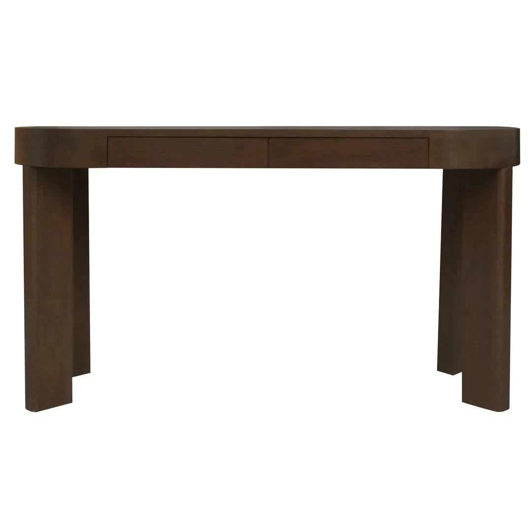 Walnut Brentwood Solid Mindi 2-drawer oval desk by MyChocolateWood, featuring a smooth walnut finish and sleek oval design.