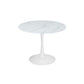 ALBERGE ROUND MARBLE-LOOK GLASS TOP DINING TABLE ON PEDESTAL METAL BASE WHITE - MyChocolateWood