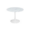 ALBERGE ROUND MARBLE-LOOK GLASS TOP DINING TABLE ON PEDESTAL METAL BASE WHITE - MyChocolateWood