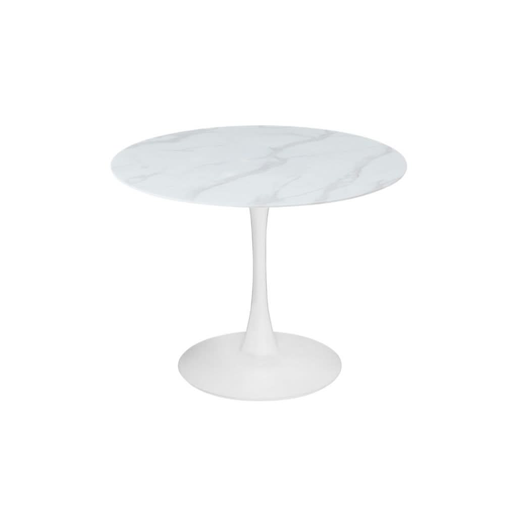 ALBERGE ROUND MARBLE-LOOK GLASS TOP DINING TABLE ON PEDESTAL METAL BASE WHITE - MyChocolateWood