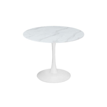 ALBERGE ROUND MARBLE-LOOK GLASS TOP DINING TABLE ON PEDESTAL METAL BASE WHITE - MyChocolateWood