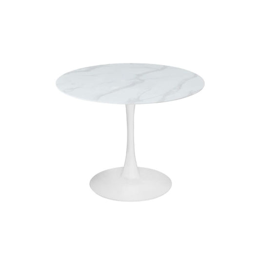 ALBERGE ROUND MARBLE-LOOK GLASS TOP DINING TABLE ON PEDESTAL METAL BASE WHITE - MyChocolateWood