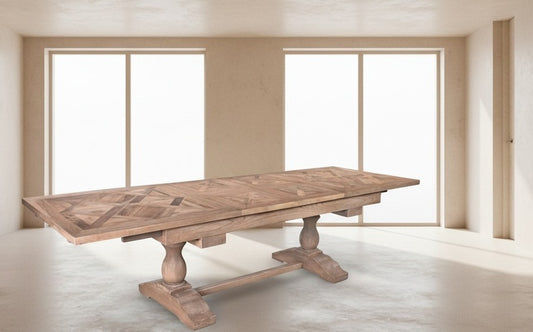 HARLOW PARQUET RECLAIMED ELM DOUBLE EXTENSION DINING TABLE WITH PEDESTAL BASE 210/260/310CM NATURAL ELM - MyChocolateWood