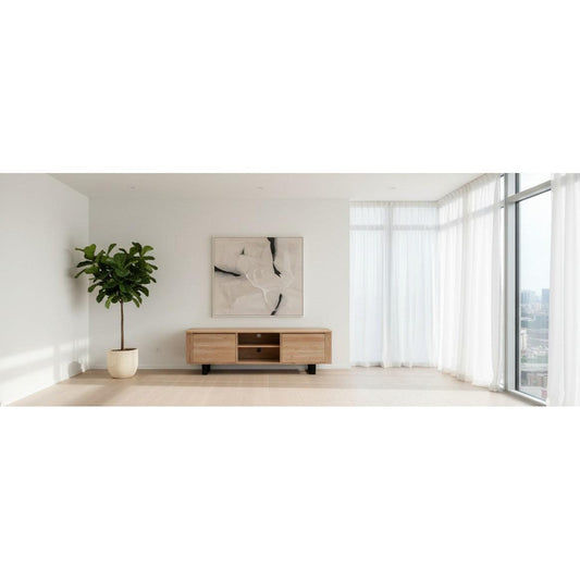 Solid rubberwood TV stand with two doors, natural finish, black legs, by MyChocolateWood, ideal for modern living room setups.