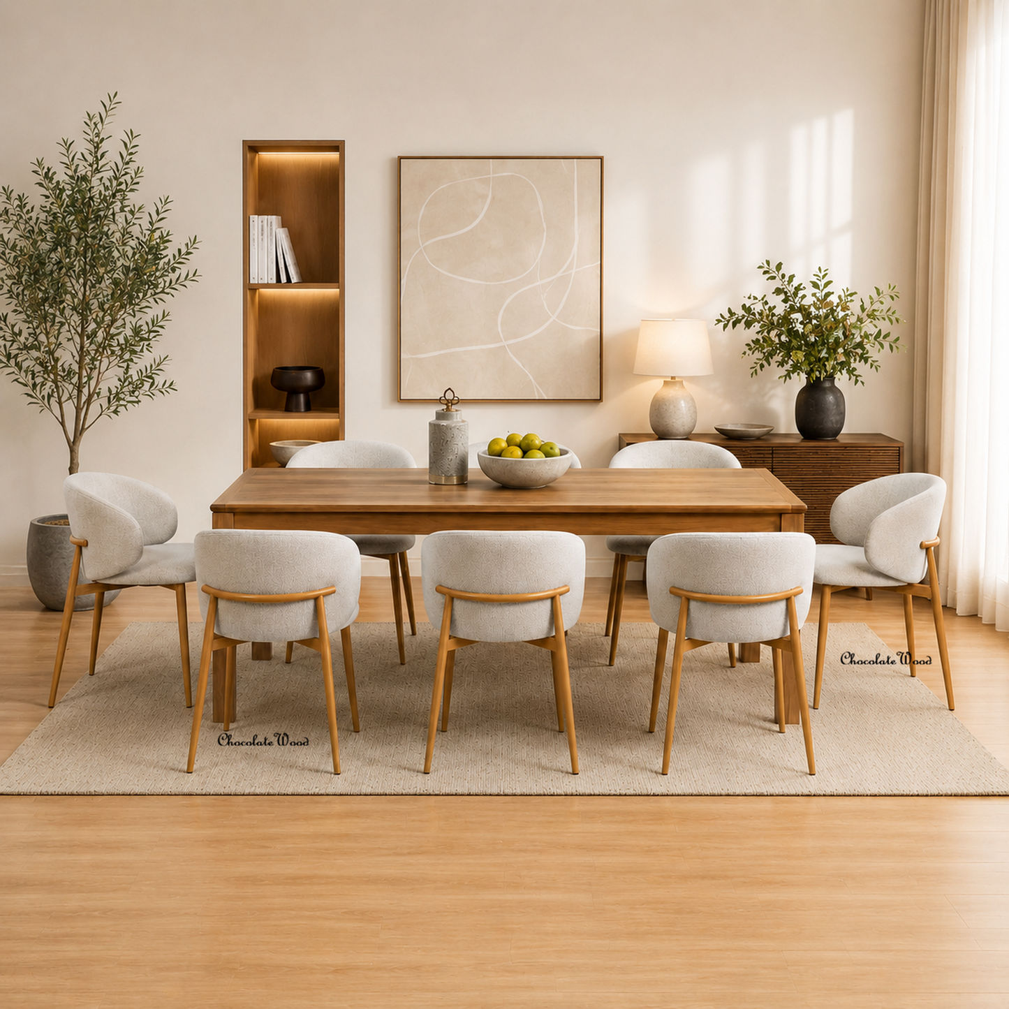 Denby Messmate Timber Dining Table Light Smoke 210cm + 8 Dolores Fabric Dining Chairs - 9 Piece Dining Set