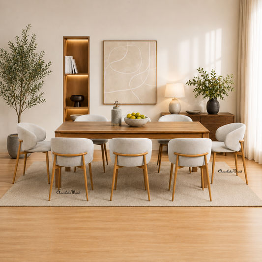 Denby Messmate Timber Dining Table Light Smoke 210cm + 8 Dolores Fabric Dining Chairs - 9 Piece Dining Set