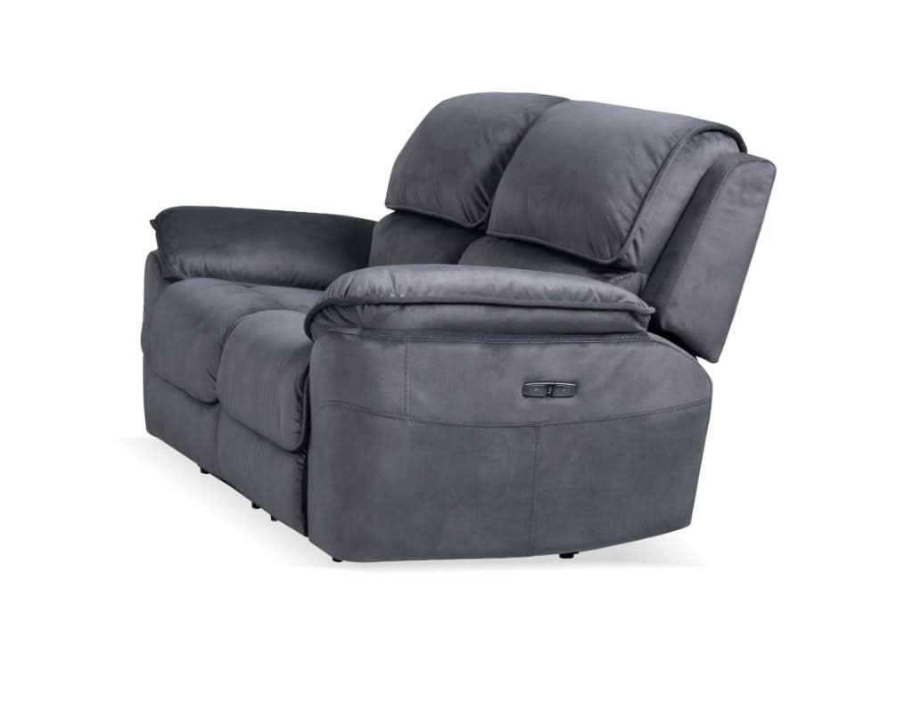 MyChocolateWood MERCOURI fabric 2-seater sofa with two electric recliners in shadow color, showcasing plush cushions and modern design.