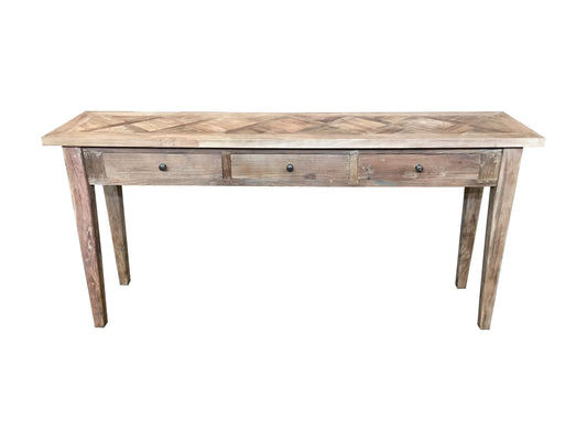 CASA RECYCLED ELM RUSTIC 3-DRAWER CONSOLE/HALL TABLE PARQUETRY TOP 180CM - MyChocolateWood