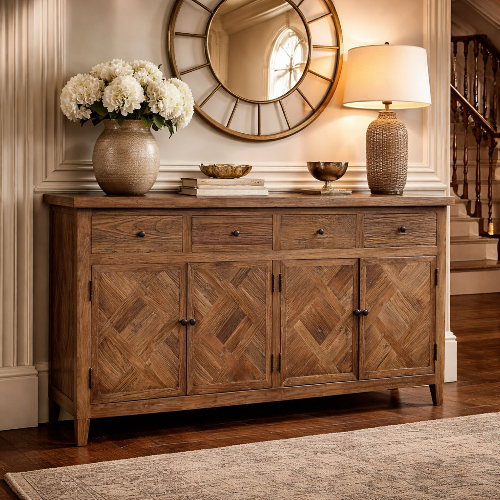 MORO RECYCLED ELM  BUFFET/SIDEBOARD 4 DRAWER 4 DOOR PARQUETRY PATTERN 180 CM - MyChocolateWood