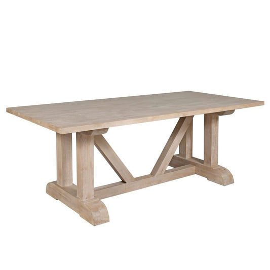 Roswell mango wood dining table in whitewash finish, 220cm length, featuring natural wood grain and sturdy construction by MyChocolateWood.