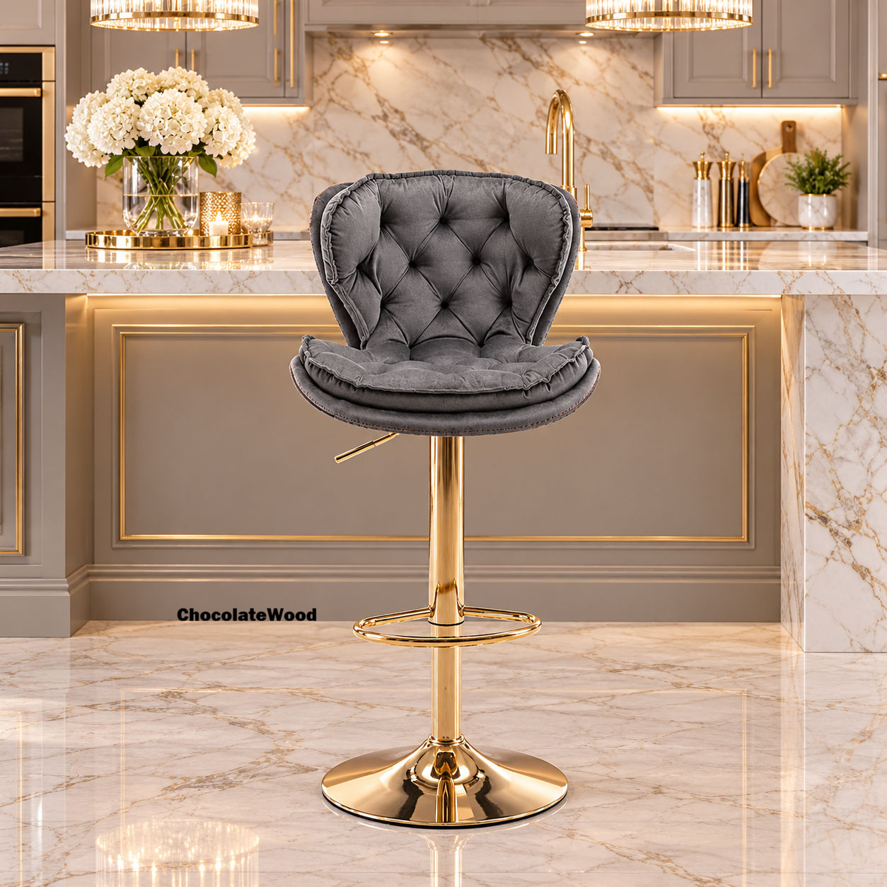 Bassey Plush Velvet Grey & Gold Gas Lift Swivel Bar Stool